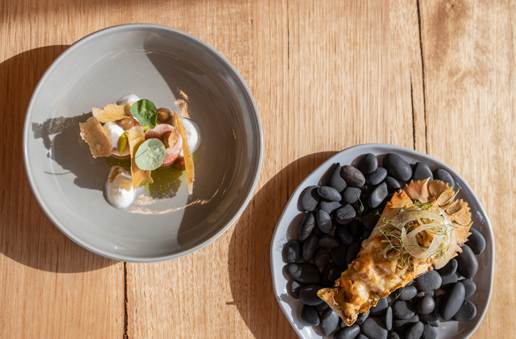 A lobster dish and a fig dish set upon a table.
